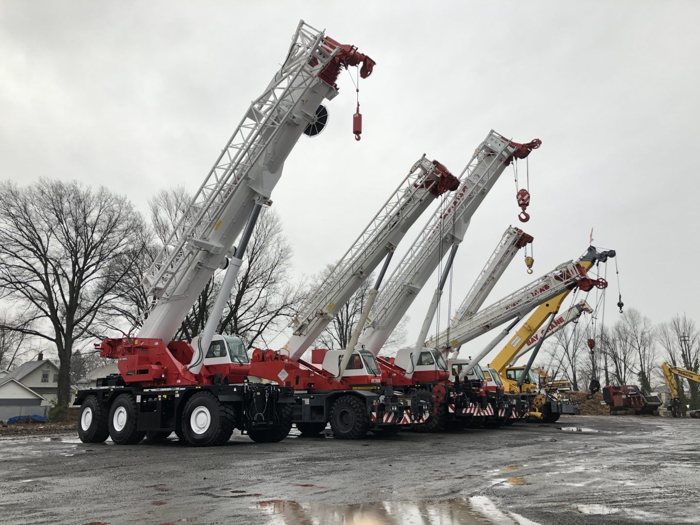 A lineup of Bay Crane all-terrain and truck cranes staged in a yard