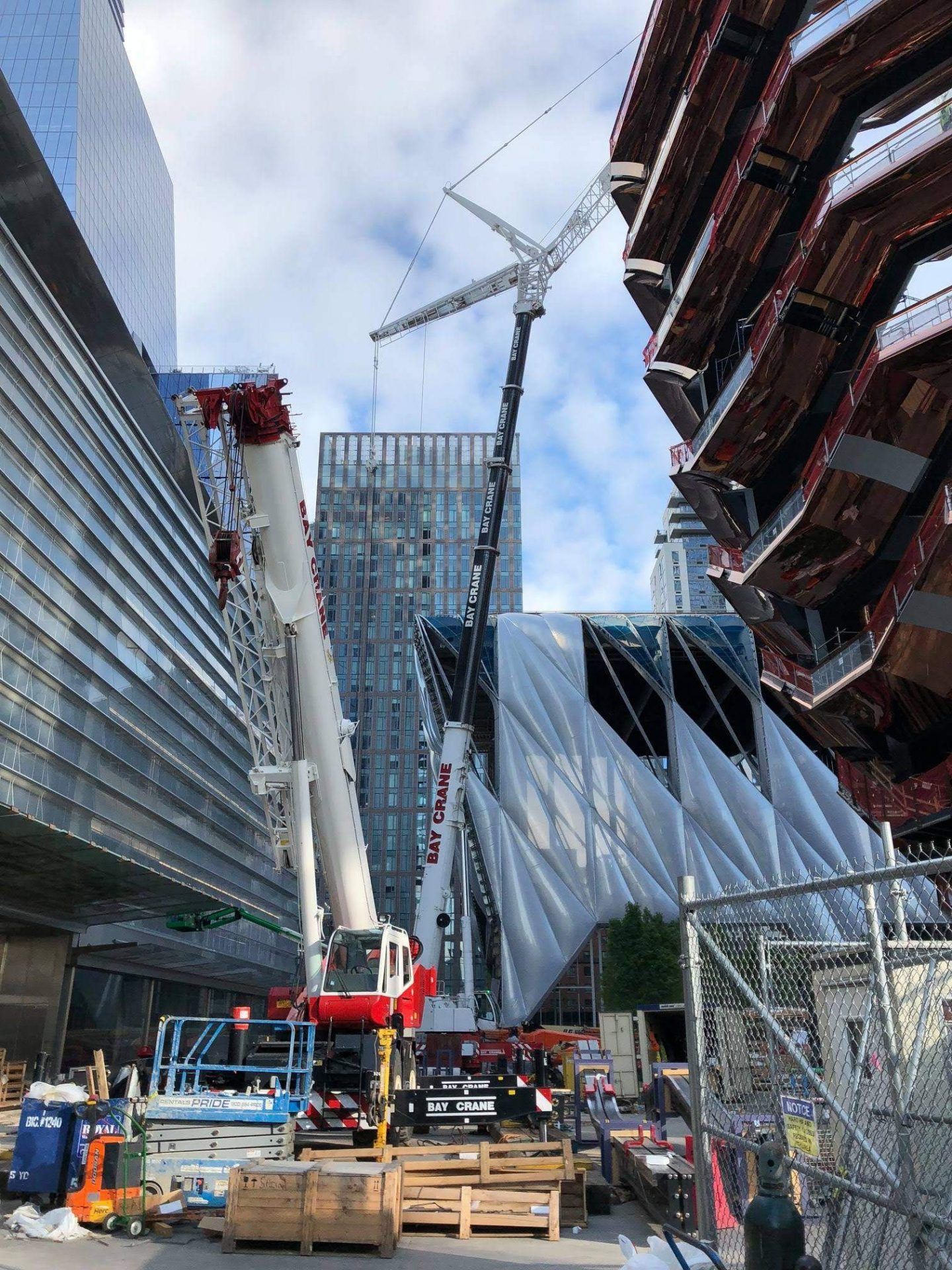 Bay Crane all-terrain cranes working beside The Vessel at Hudson Yards, New York City